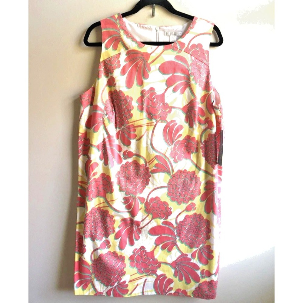 London Times Floral Print Sheath Dress Sz 14 Pink Yellow Sleeveless